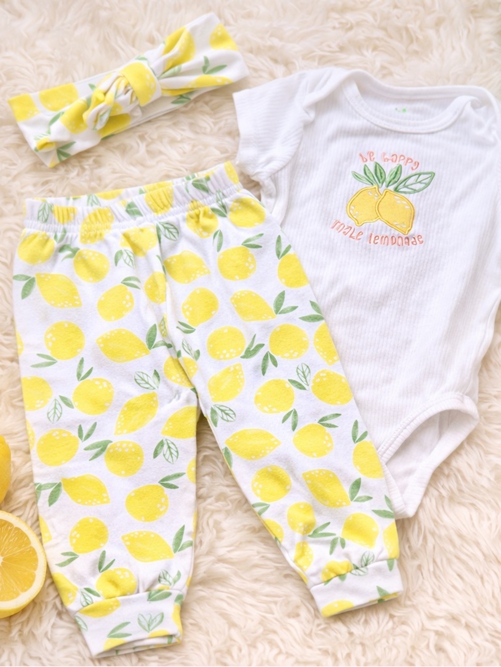 Chick Pea Baby 6-9M 3 Piece Lemon Matching Set, Summer Outfit, Baby Girl Outfit